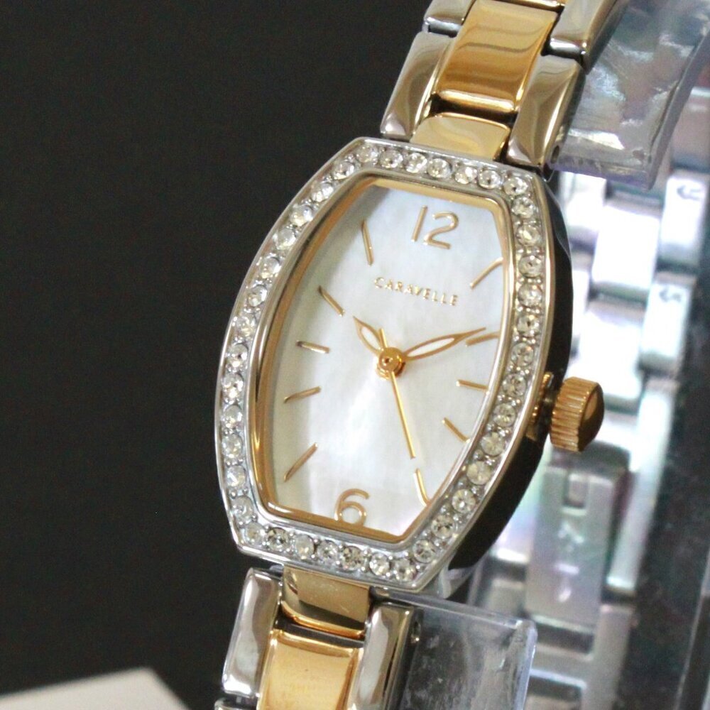 Caravelle Ladies Classic Dress Watch By Bulova Mother Of Pearl With Crystals
